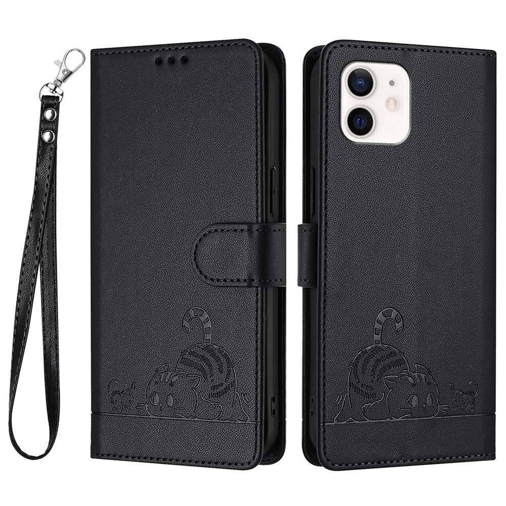 For iPhone 12 / 12 Pro Case with Strap RFID Blocking Leather Wallet Phone Cover Cat Mouse Pattern - Black