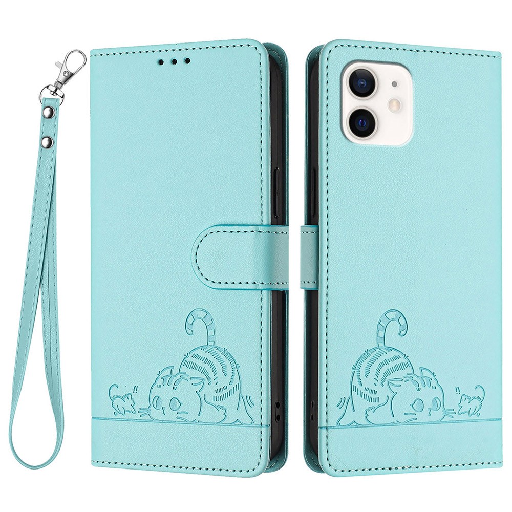 For iPhone 12 / 12 Pro Case with Strap RFID Blocking Leather Wallet Phone Cover Cat Mouse Pattern - Mint Green