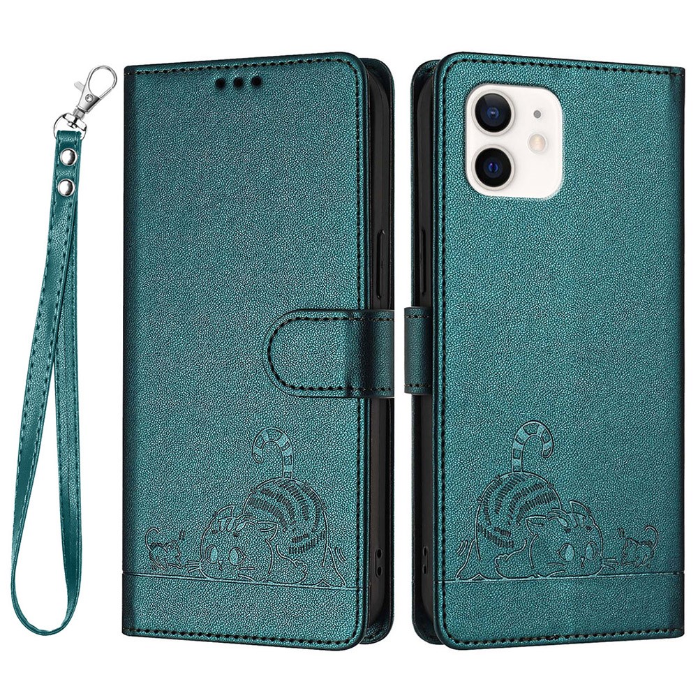 For iPhone 12 / 12 Pro Case with Strap RFID Blocking Leather Wallet Phone Cover Cat Mouse Pattern - Dark Green