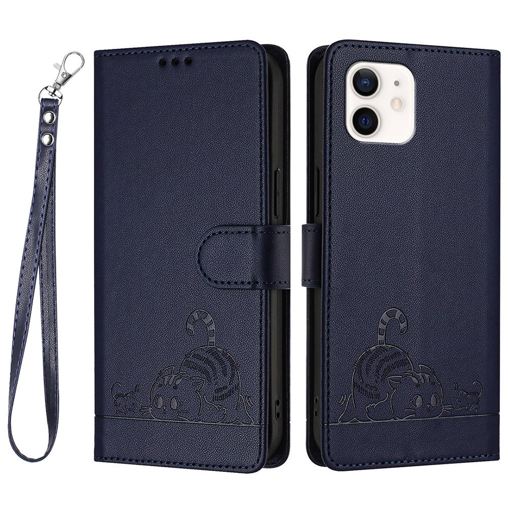 For iPhone 12 / 12 Pro Case with Strap RFID Blocking Leather Wallet Phone Cover Cat Mouse Pattern - Sapphire