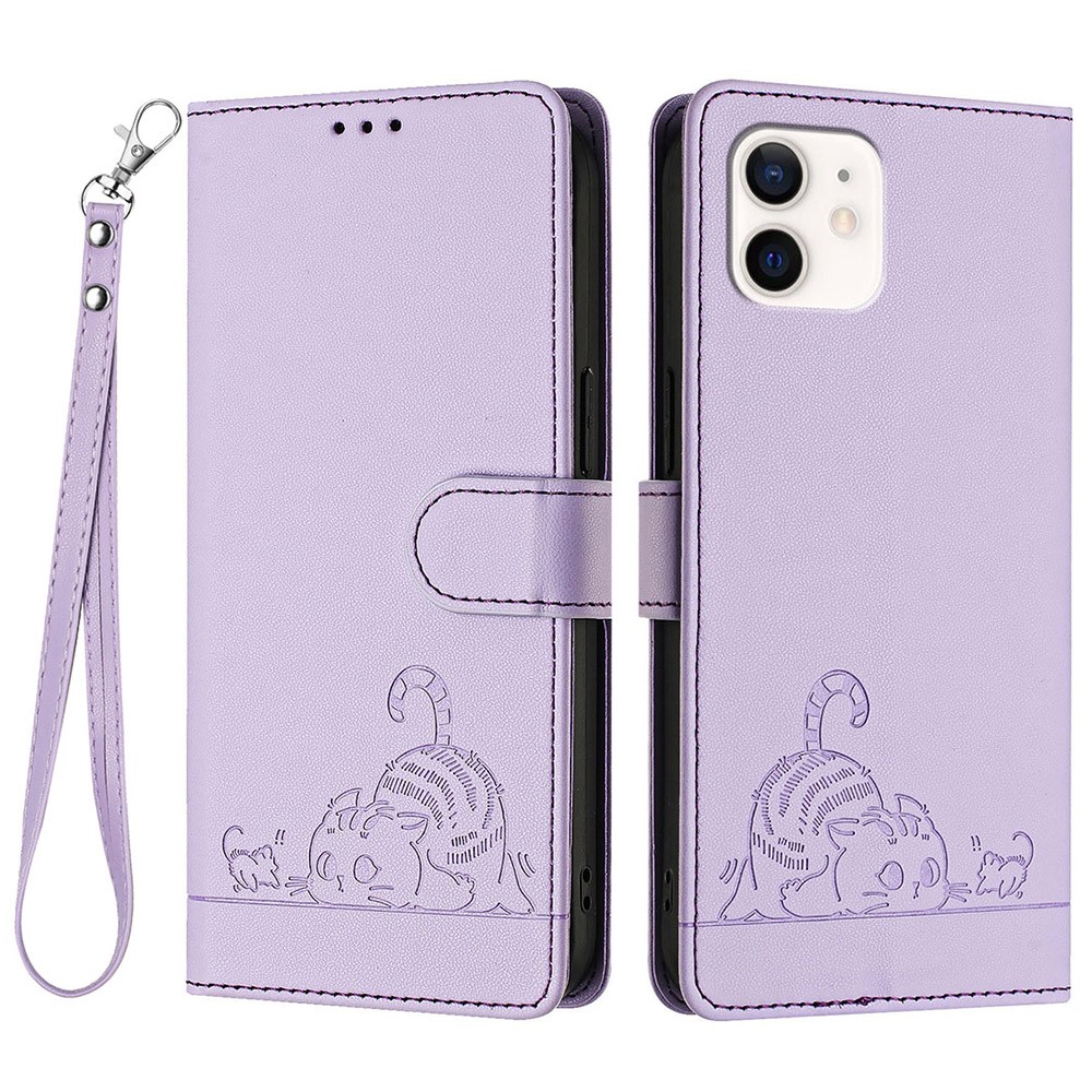 For iPhone 12 / 12 Pro Case with Strap RFID Blocking Leather Wallet Phone Cover Cat Mouse Pattern - Purple