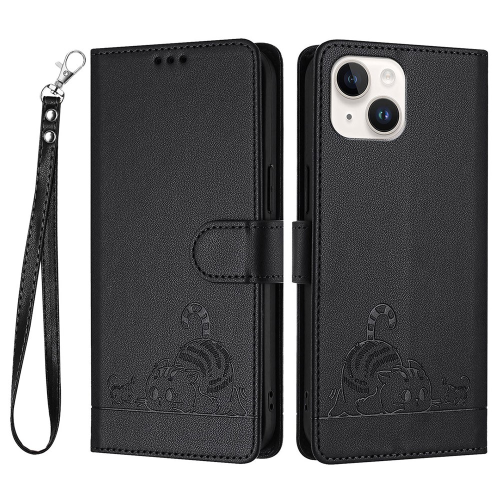 For iPhone 13 / 14 Case with Strap RFID Blocking Leather Wallet Phone Cover Cat Mouse Pattern - Black