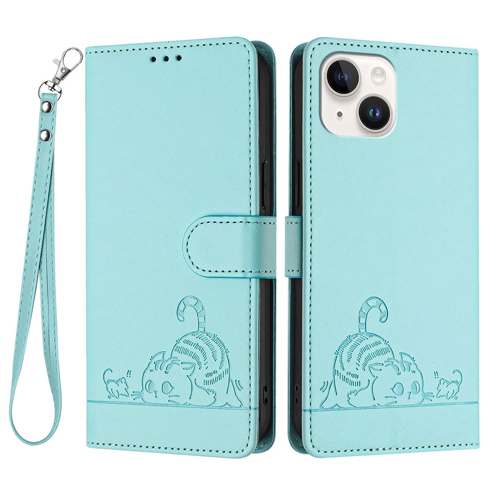 For iPhone 13 / 14 Case with Strap RFID Blocking Leather Wallet Phone Cover Cat Mouse Pattern - Mint Green