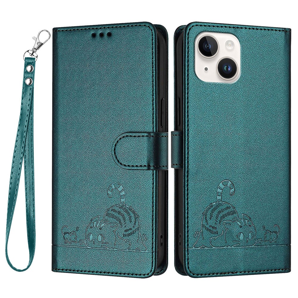 For iPhone 13 / 14 Case with Strap RFID Blocking Leather Wallet Phone Cover Cat Mouse Pattern - Dark Green