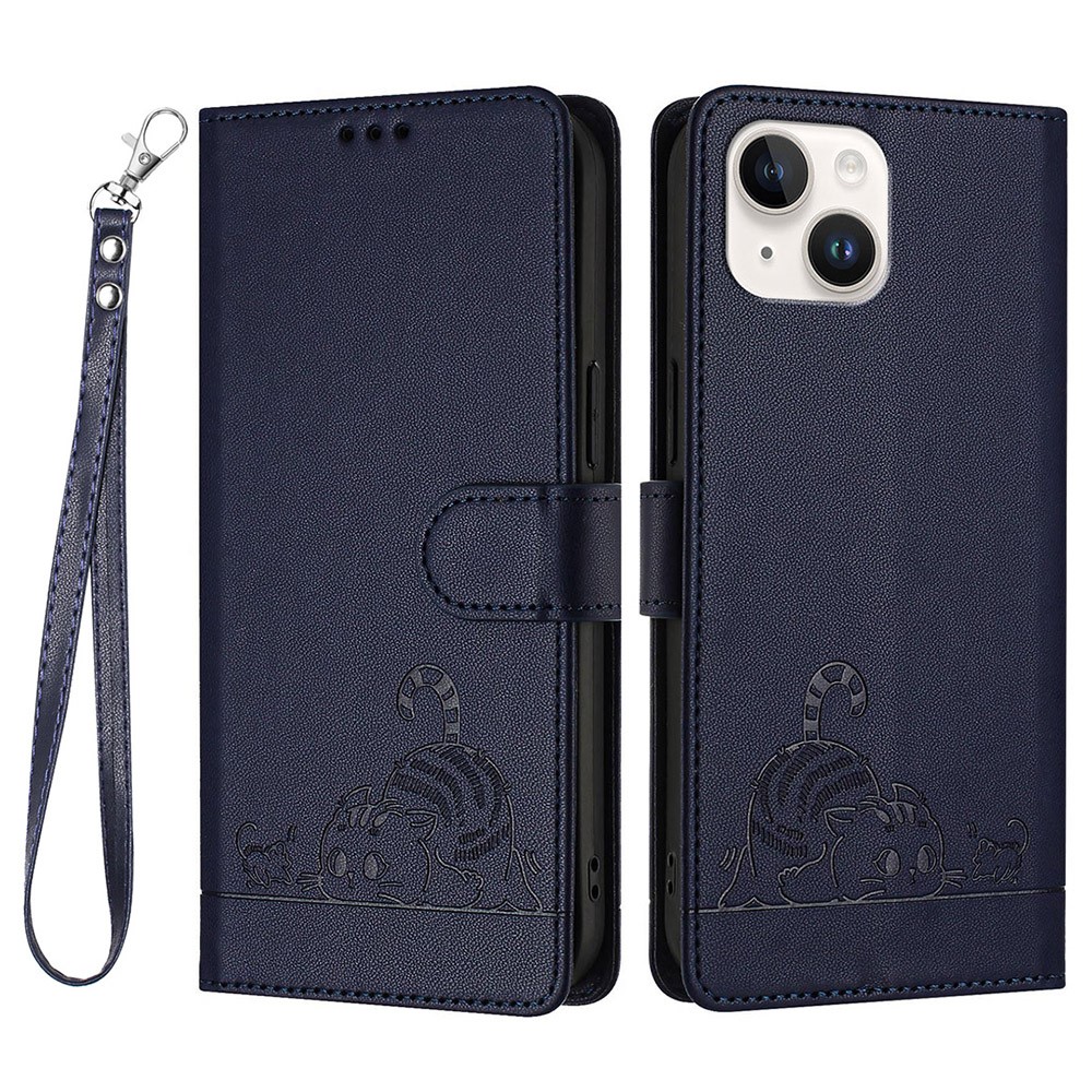 For iPhone 13 / 14 Case with Strap RFID Blocking Leather Wallet Phone Cover Cat Mouse Pattern - Sapphire
