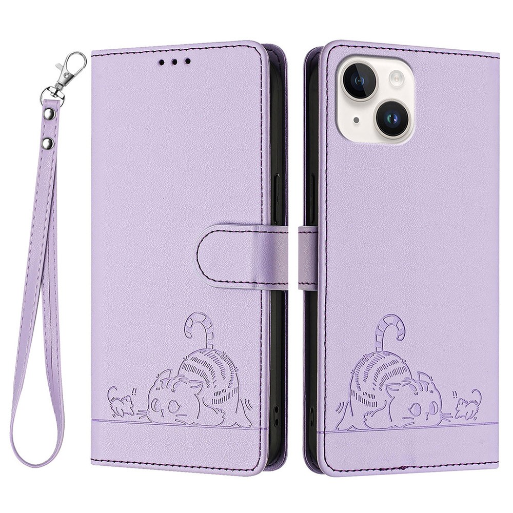 For iPhone 13 / 14 Case with Strap RFID Blocking Leather Wallet Phone Cover Cat Mouse Pattern - Purple