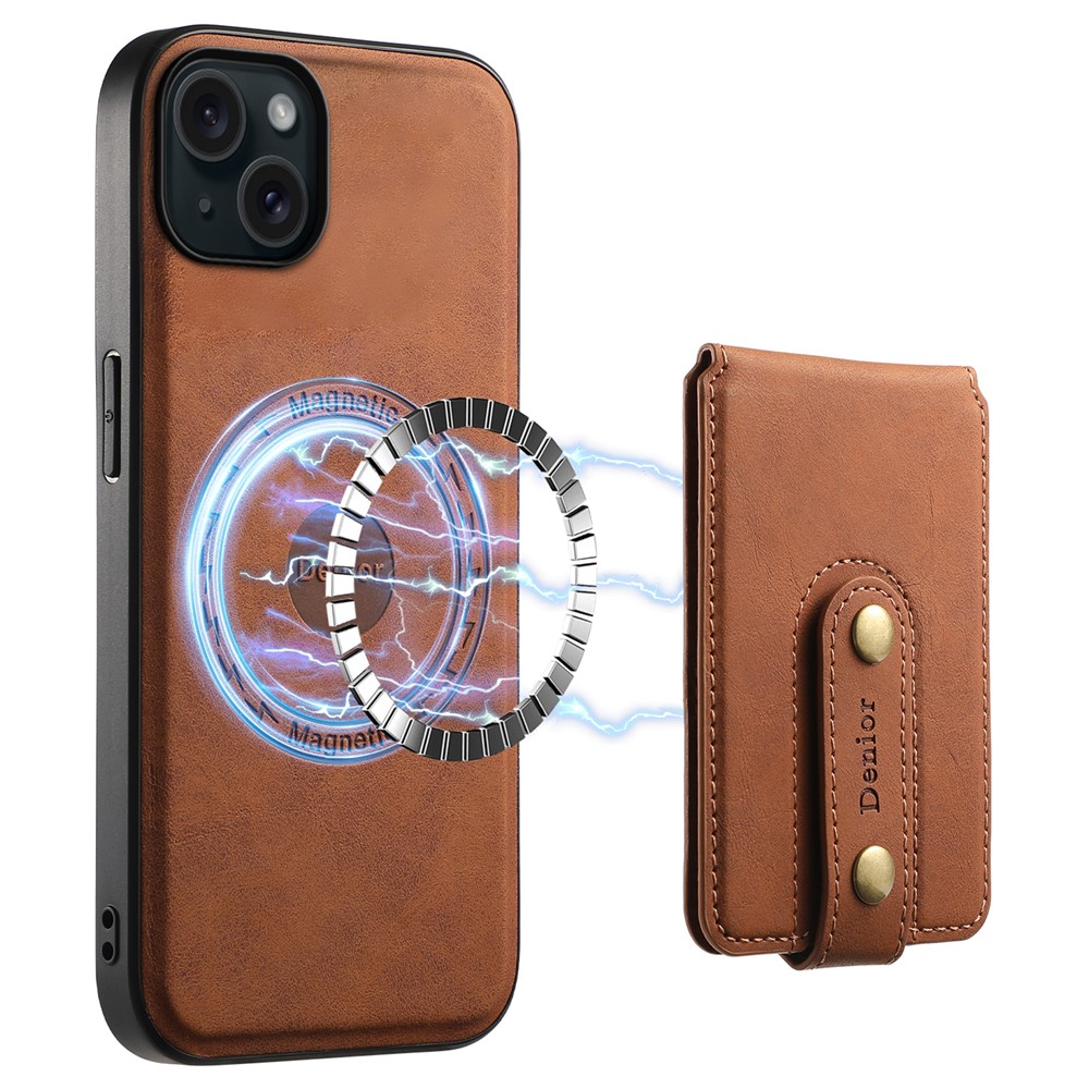DENIOR D14 For iPhone 15 Plus Magnetic Case Detachable 2-in-1 Design Leather Retro Back Cover - Brown