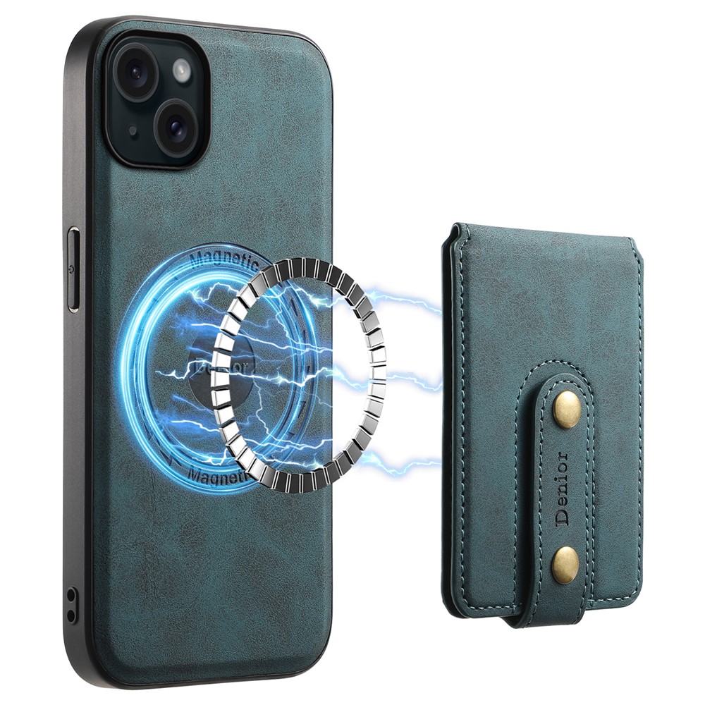 DENIOR D14 For iPhone 15 Plus Magnetic Case Detachable 2-in-1 Design Leather Retro Back Cover - Blue