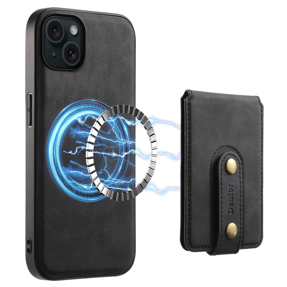 DENIOR D14 For iPhone 15 Plus Magnetic Case Detachable 2-in-1 Design Leather Retro Back Cover - Black