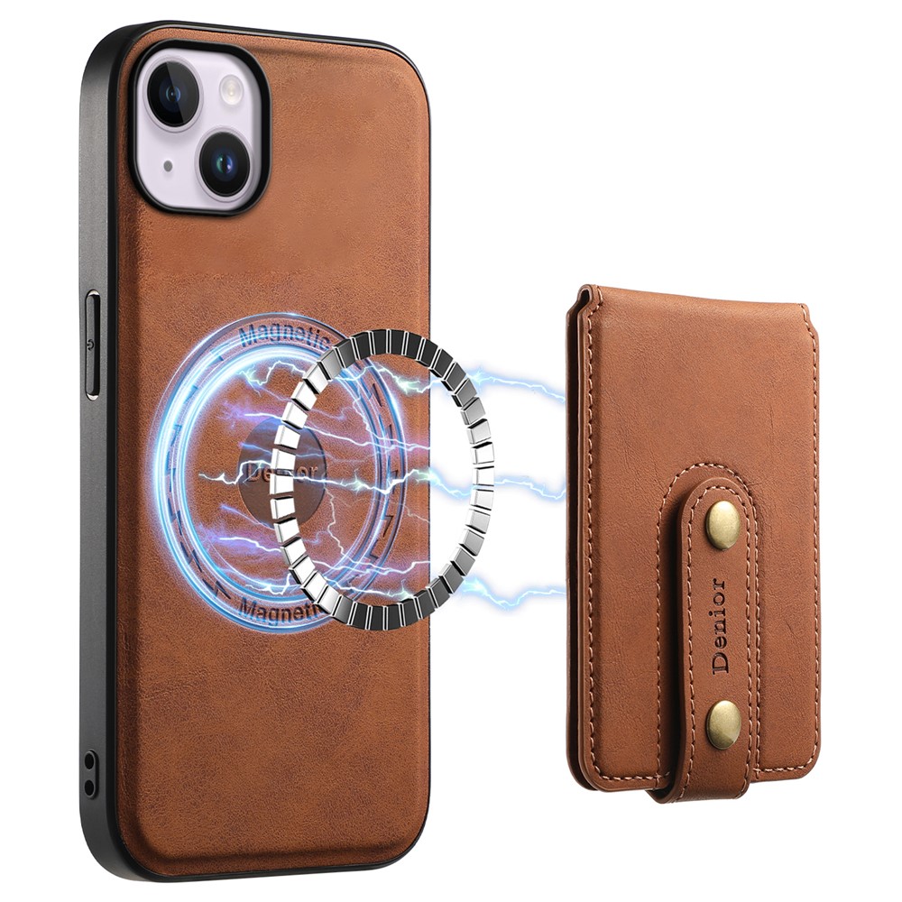 DENIOR D14 For iPhone 14 Plus Case Compatible with MagSafe Leather+TPU+PC Card Bag Phone Cover - Brown