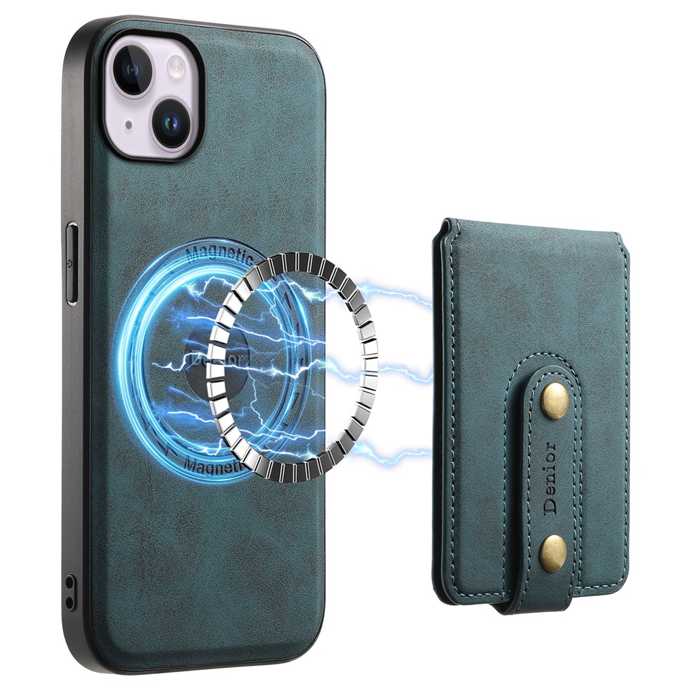 DENIOR D14 For iPhone 14 Plus Case Compatible with MagSafe Leather+TPU+PC Card Bag Phone Cover - Blue