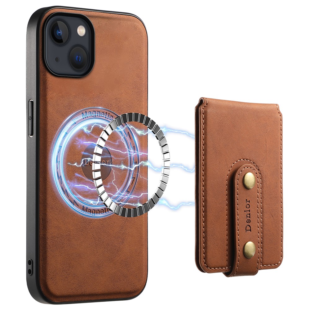 DENIOR D14 For iPhone 13 / 14 Case Retro PU+PC+TPU Kickstand Phone Cover with Magnetic Card Holder - Brown