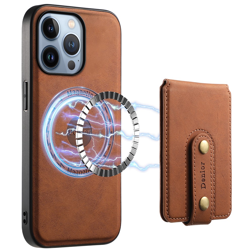 DENIOR D14 For iPhone 13 Pro Case Compatible with MagSafe Leather Kickstand Card Slots Back Cover - Brown