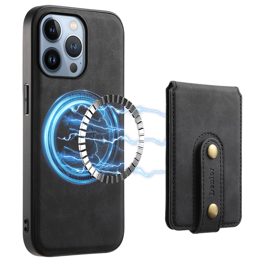 DENIOR D14 For iPhone 13 Pro Case Compatible with MagSafe Leather Kickstand Card Slots Back Cover - Black