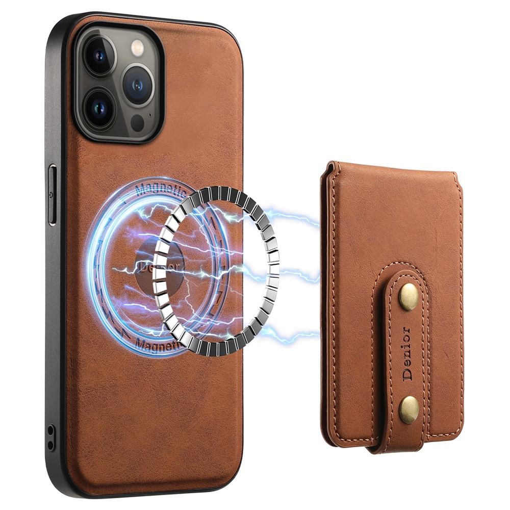 DENIOR D14 For iPhone 13 Pro Max Magnetic Case 2 in 1 Detachable Leather+PC+TPU Phone Cover - Brown