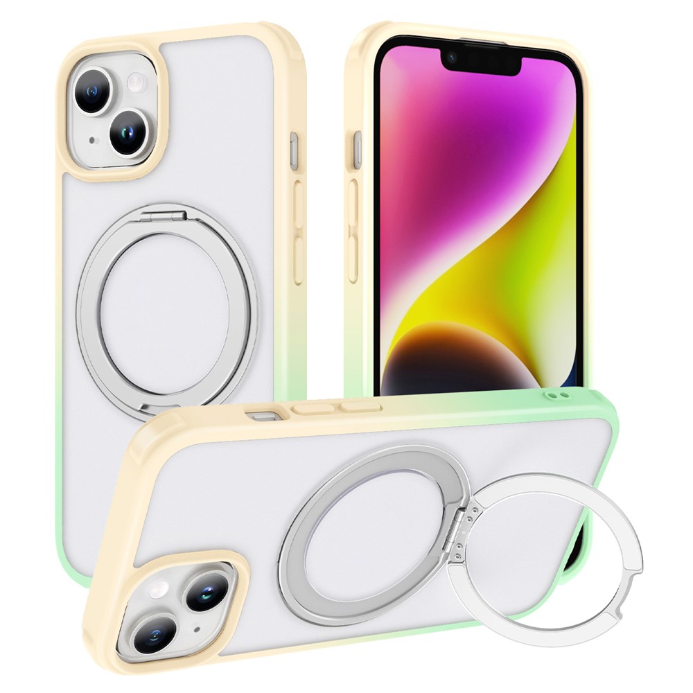 For iPhone 13 / 14 Magnetic Case Ring Kickstand PC+TPU Phone Cover - Yellow Green Gradient
