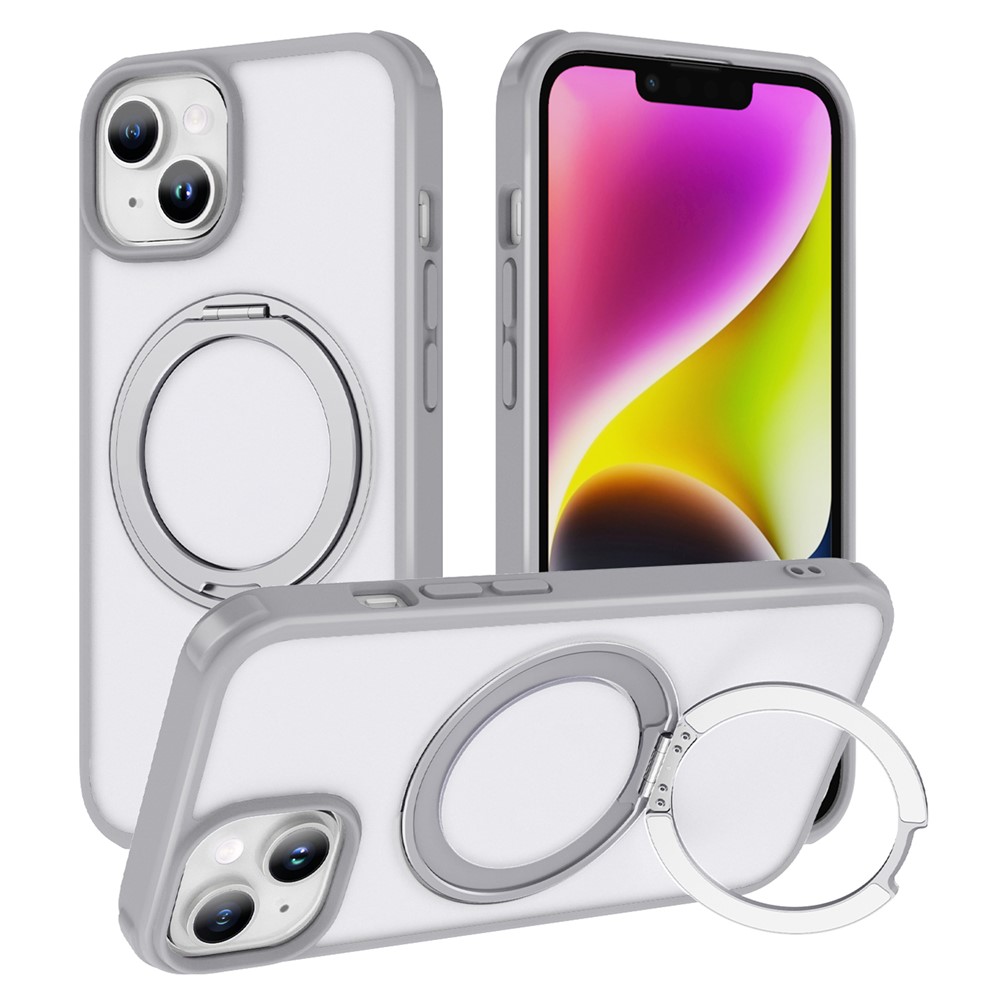 For iPhone 13 / 14 Magnetic Case Ring Kickstand PC+TPU Phone Cover - Matte Grey