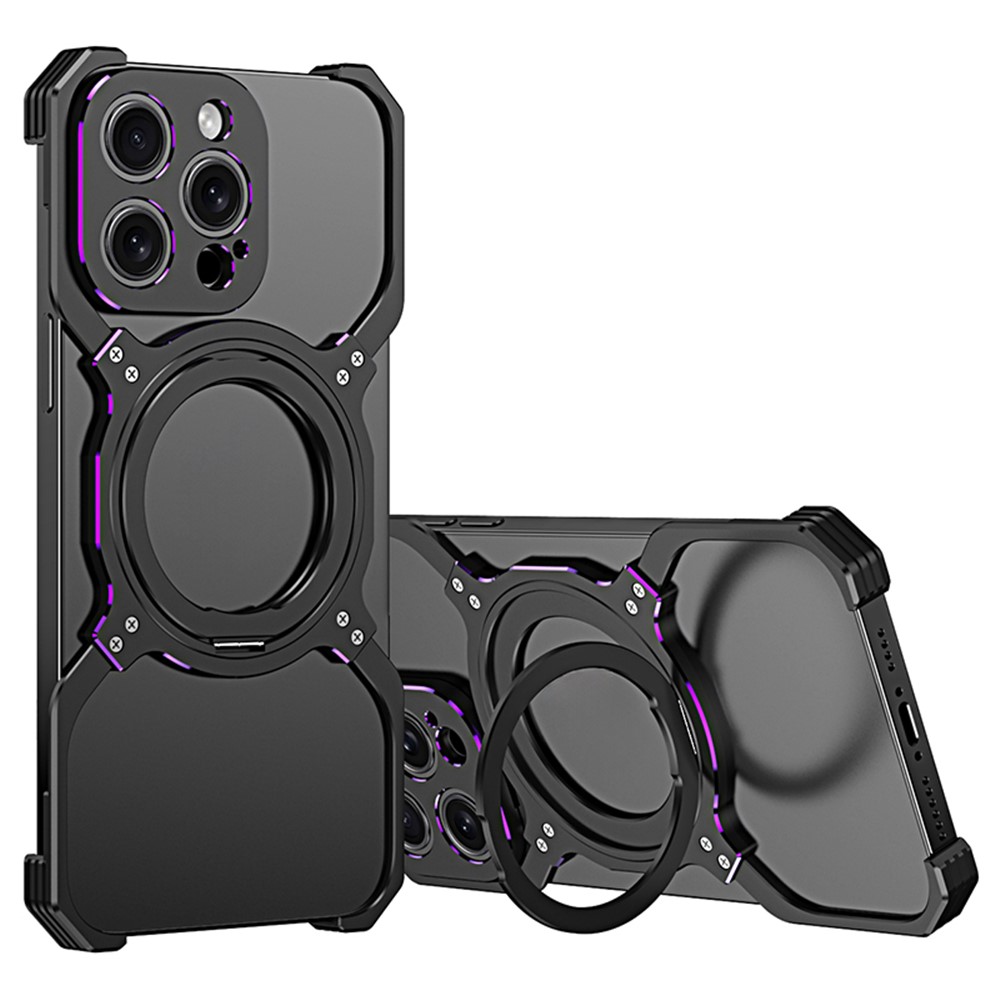For iPhone 13 Pro Bumper Case Compatible with MagSafe Rotation Kickstand Metal Frameless Phone Cover - Black / Purple