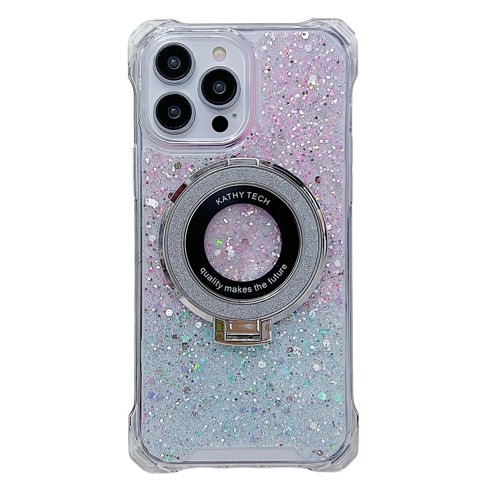 For iPhone 13 Pro Max Cell Phone Cases TPU+Acrylic Gradient Cover with Magnetic Ring Kickstand - Pink+Green