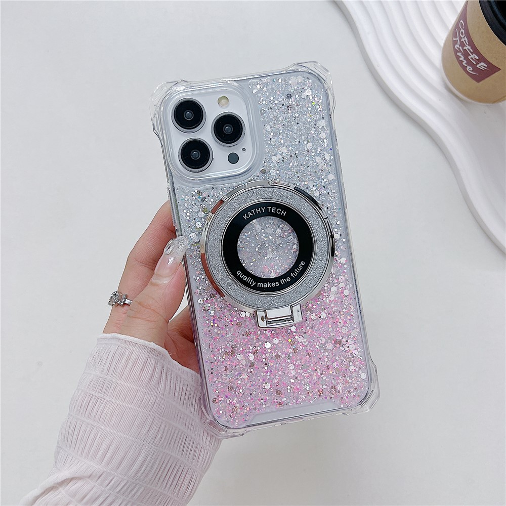 For iPhone 13 Pro Max Cell Phone Cases TPU+Acrylic Gradient Cover with Magnetic Ring Kickstand - Silver+Pink