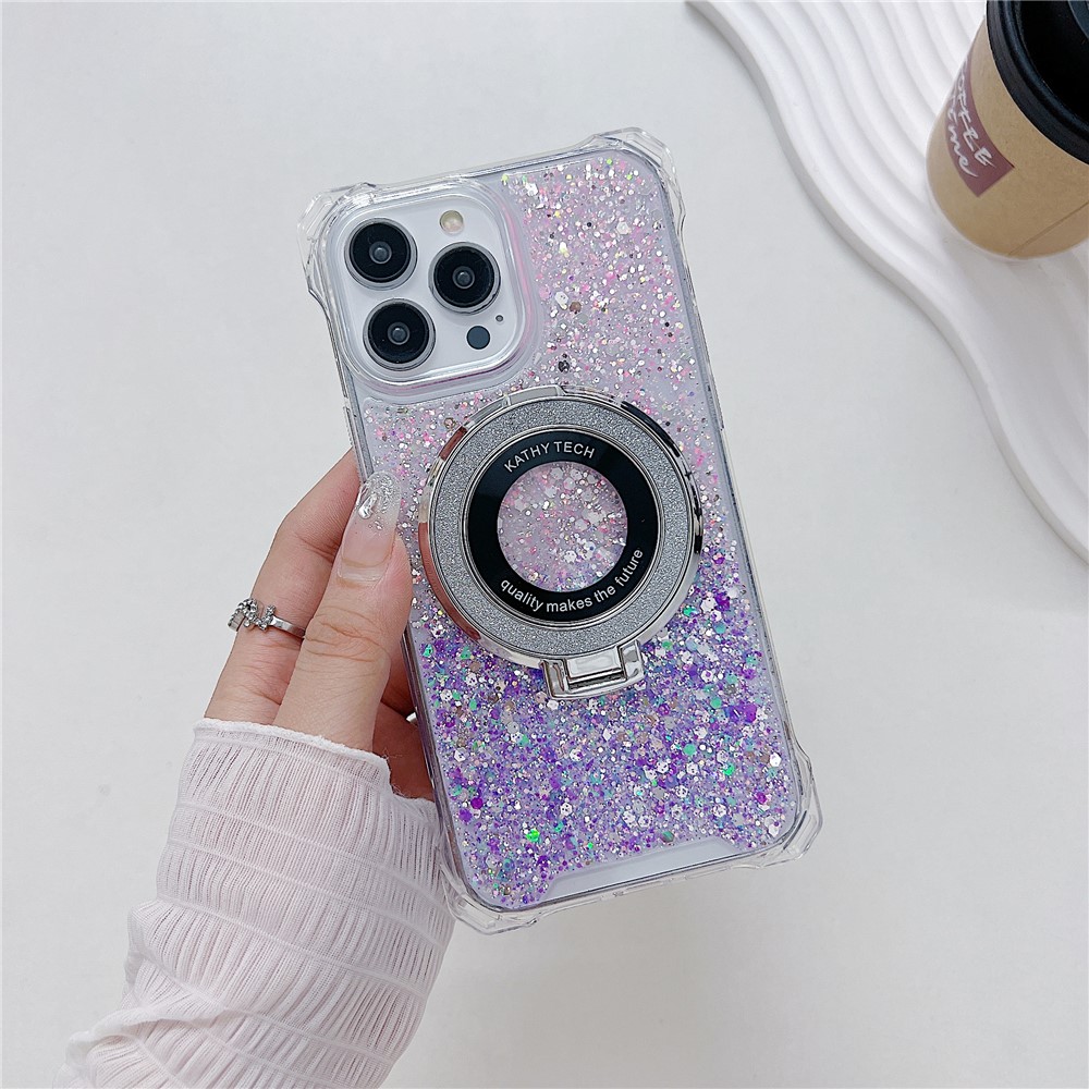 For iPhone 13 Pro TPU+Acrylic Case Gradient Phone Cover with Magnetic Ring Kickstand - Pink+Purple
