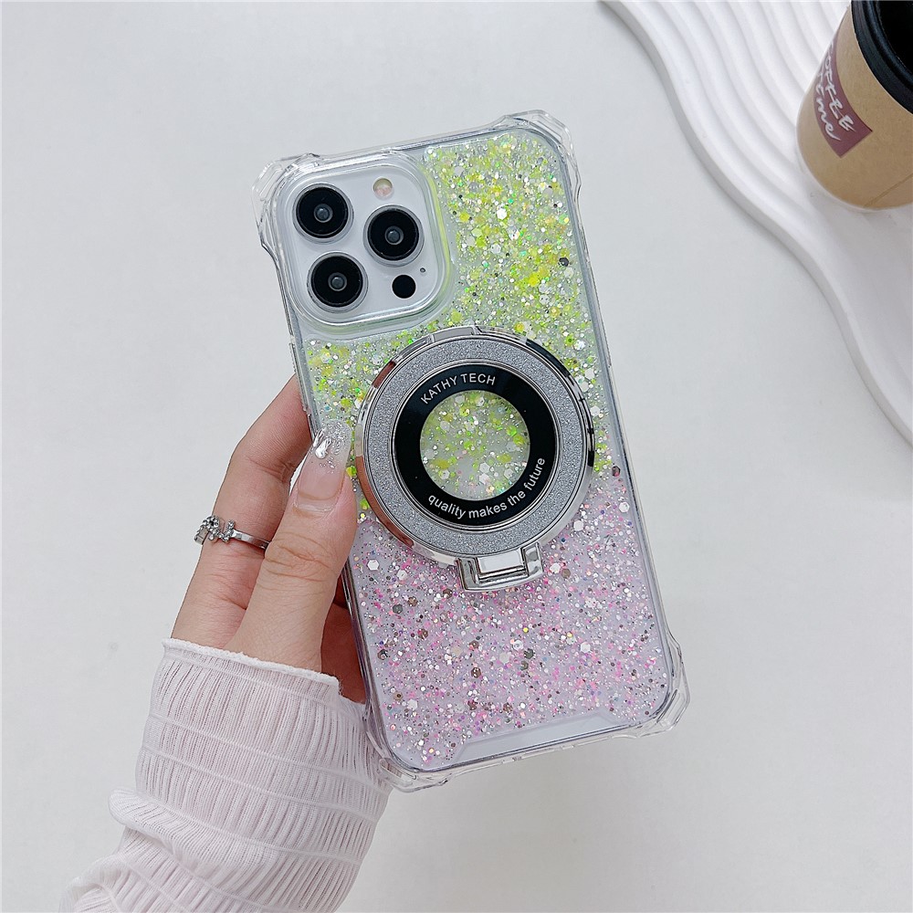 For iPhone 13 Pro TPU+Acrylic Case Gradient Phone Cover with Magnetic Ring Kickstand - Yellow+Pink