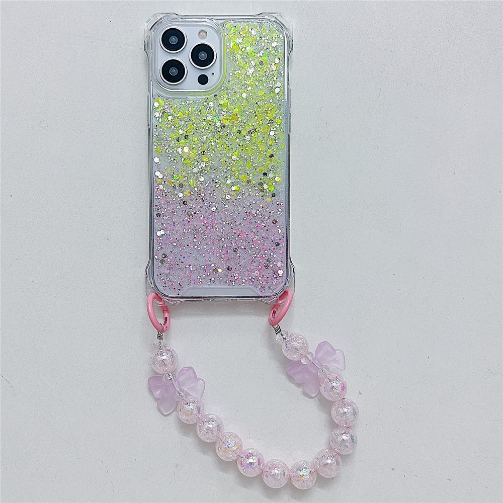 For iPhone 13 Pro Max 6.7 inch Case TPU+Acrylic Anti-Scratch Phone Cover with Beaded Hand Chain - Yellow+Pink