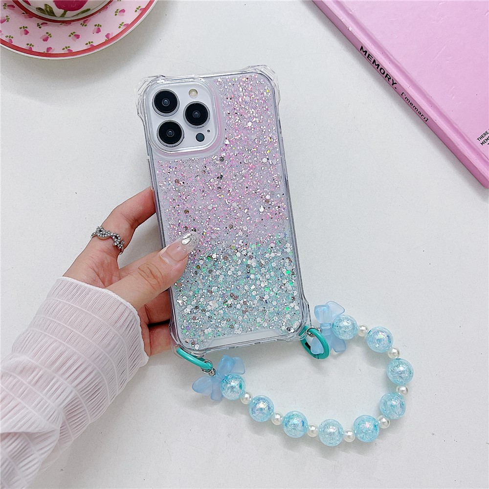 For iPhone 13 Pro Max 6.7 inch Case TPU+Acrylic Anti-scratch Phone Cover with Beaded Hand Chain - Pink+Green