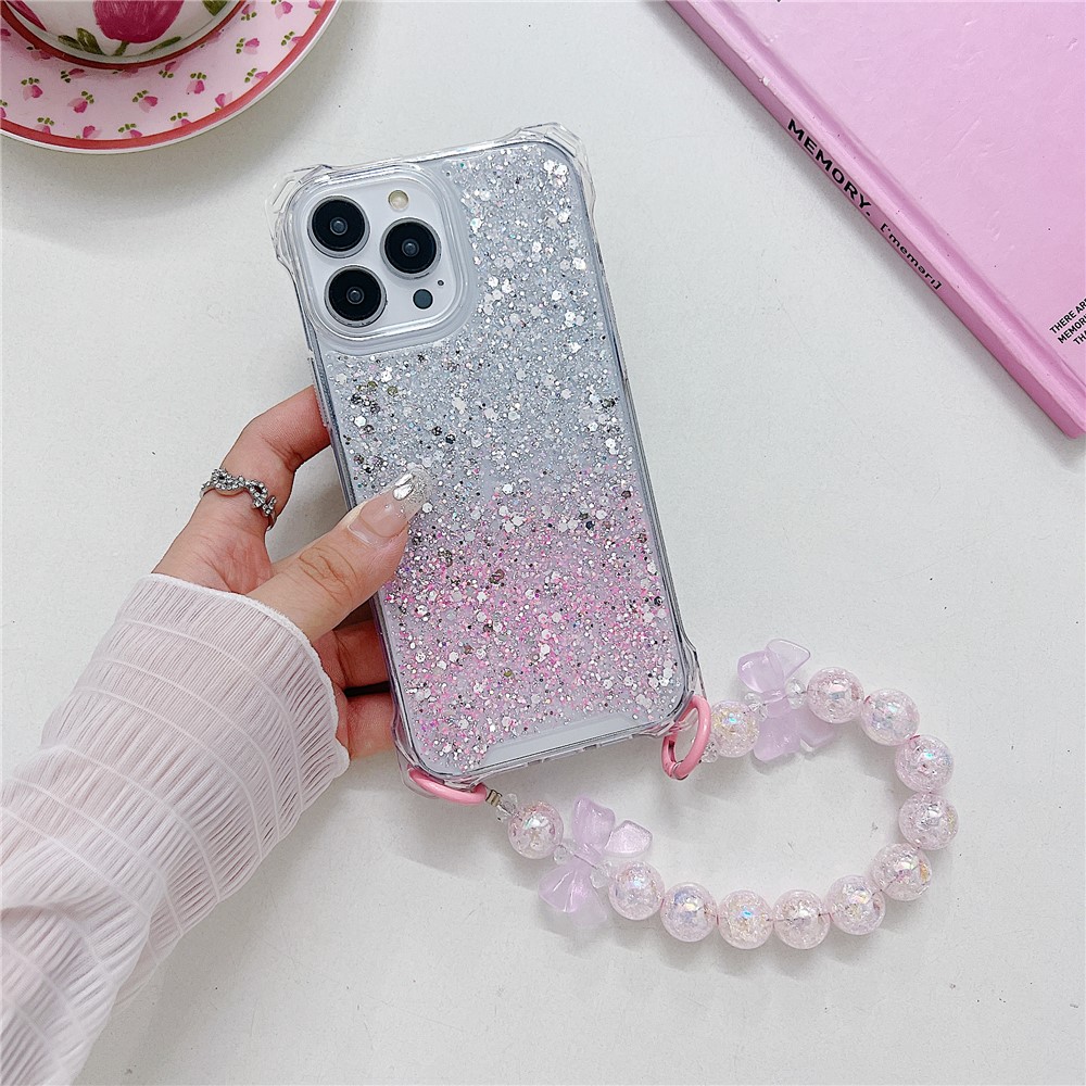 For iPhone 13 Pro Max 6.7 inch Case TPU+Acrylic Anti-scratch Phone Cover with Beaded Hand Chain - Silver+Pink