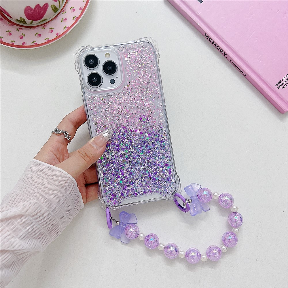 TPU+Acrylic Phone Case for iPhone 13 Pro Wholesale Phone Shell with Bead Wrist Strap - Pink+Purple