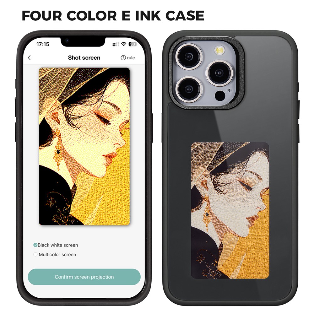 For iPhone 13 Pro E Ink Cover 4-Color Display Phone Case NFC Projection Customized Pattern - Black