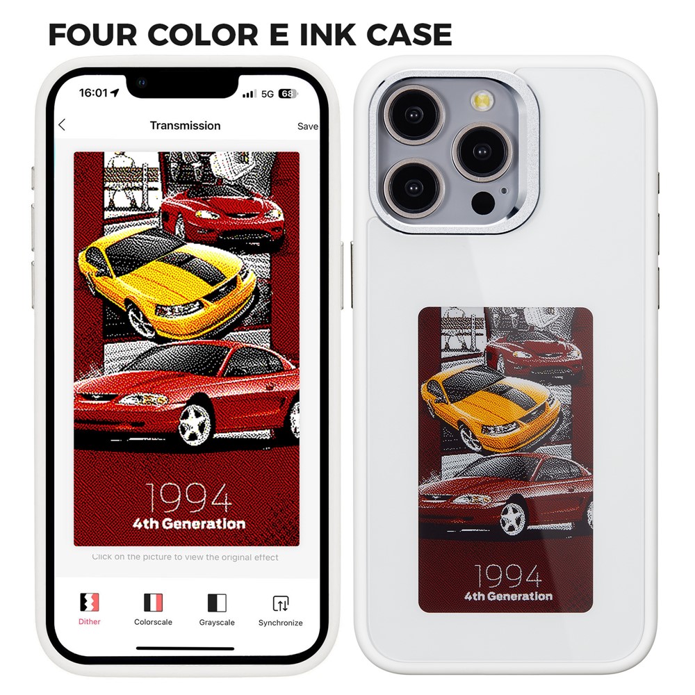 For iPhone 13 Pro E Ink Cover 4-Color Display Phone Case NFC Projection Customized Pattern - White