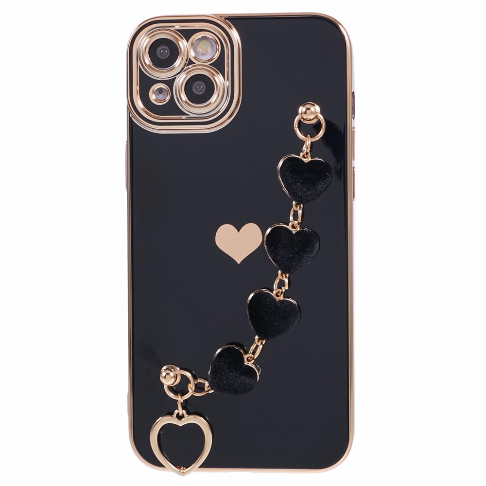 For iPhone 15 Plus Shockproof Case Electroplating TPU Phone Cover with Strap - Black