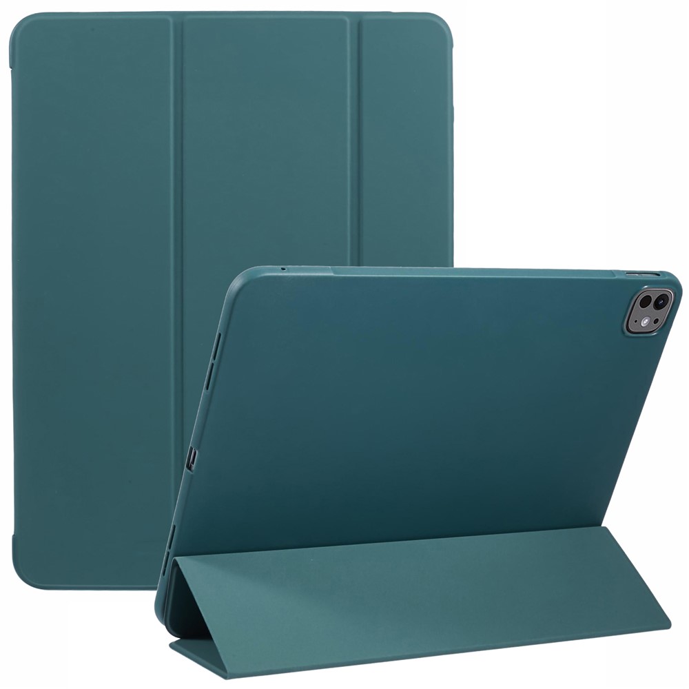 For iPad Pro 13 (2024) Case PU Leather Tri-Fold Stand Tablet Cover Auto Wake / Sleep - Midnight Green