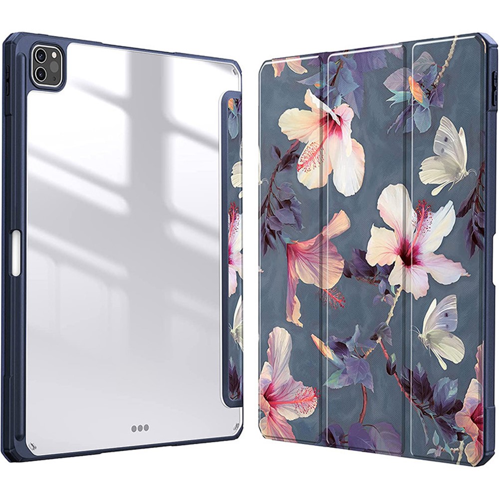 Bulk Purchasing For iPad Pro 13 (2025) / 13 (2024) Case Tri-Fold Stand Leather+TPU+Clear Acrylic Pattern Tablet Cover - Grey / Flower
