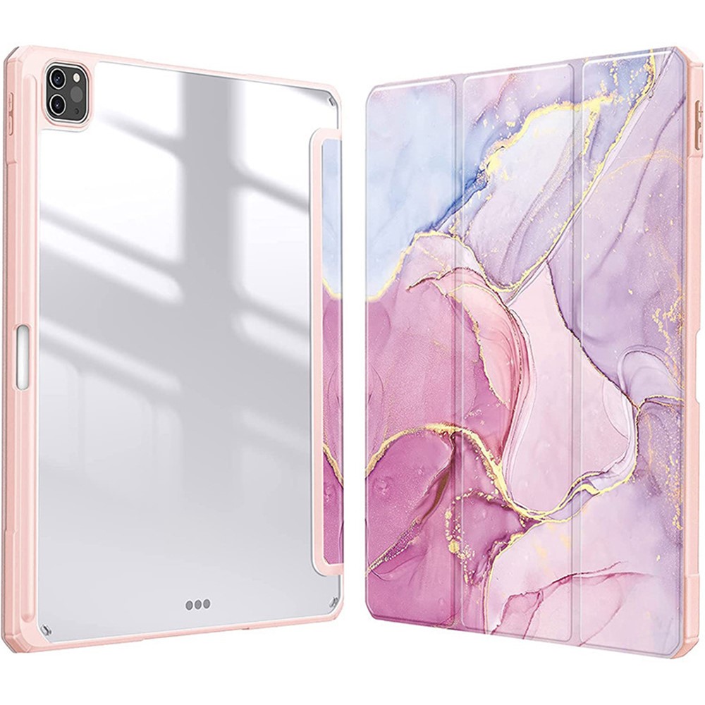 Bulk Purchasing For iPad Pro 13 (2025) / 13 (2024) Case Tri-Fold Stand Leather+TPU+Clear Acrylic Pattern Tablet Cover - Pink Marble