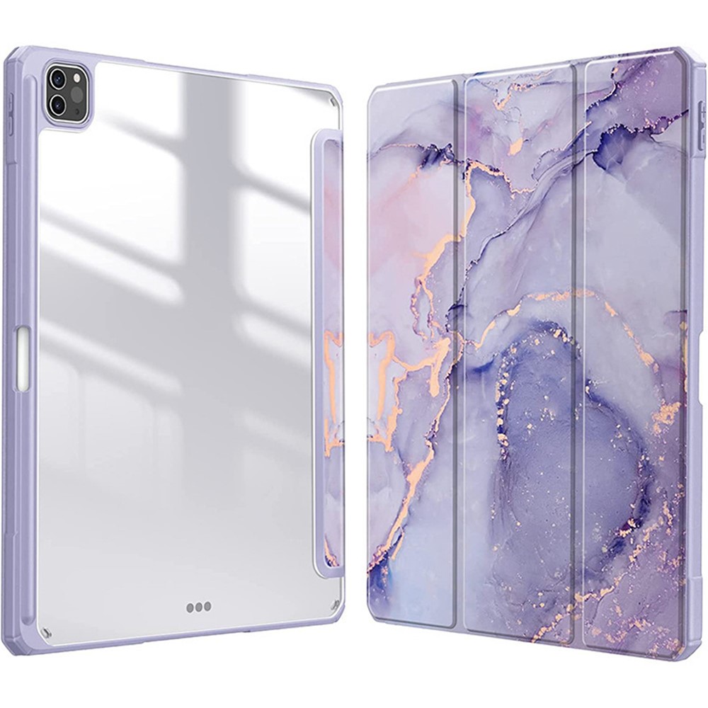 Bulk Purchasing For iPad Pro 13 (2025) / 13 (2024) Case Tri-Fold Stand Leather+TPU+Clear Acrylic Pattern Tablet Cover - Purple Marble