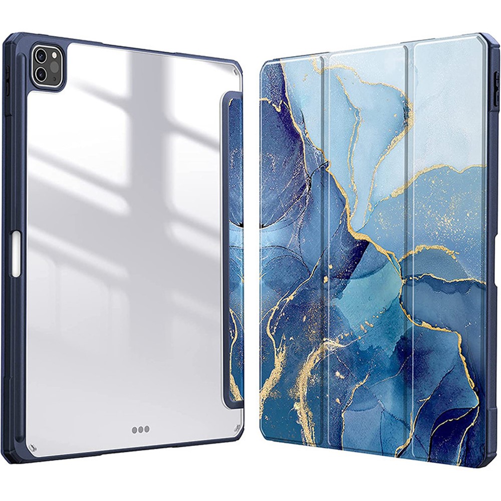 Bulk Purchasing For iPad Pro 13 (2025) / 13 (2024) Case Tri-Fold Stand Leather+TPU+Clear Acrylic Pattern Tablet Cover - Wave Marble
