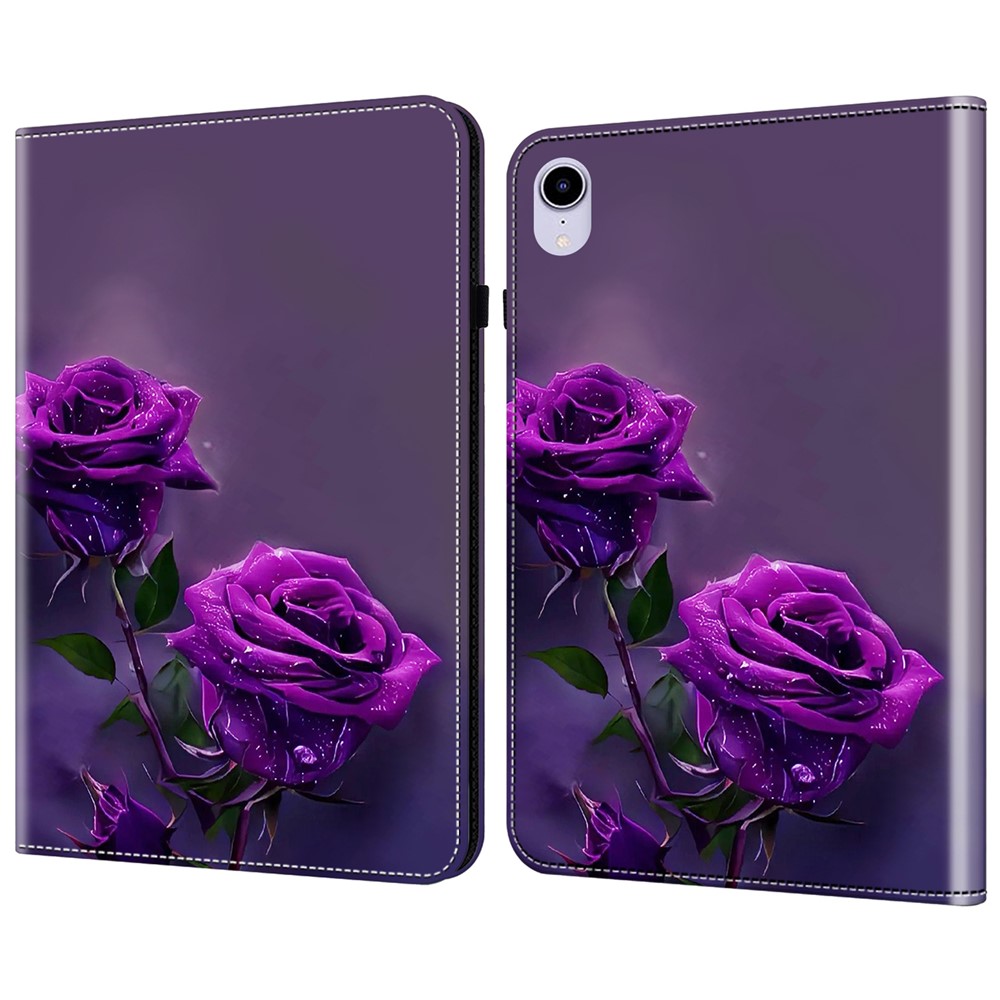 For iPad mini (2024) / mini (2021) Case Pattern Print Leather Tablet Cover with Card Slots Stand Function -  Purple Rose
