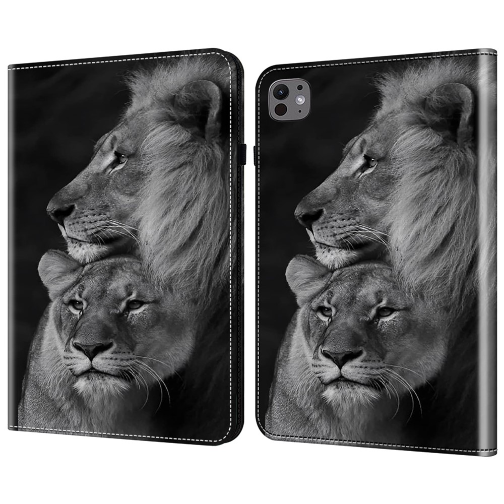 For iPad Pro 13 (2025) / 13 (2024) Stand Case Pattern Printed Leather Tablet Flip Cover - Couple Lions