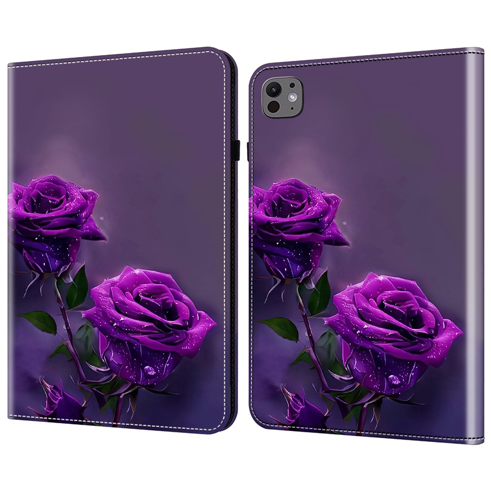 For iPad Pro 13 (2025) / 13 (2024) Stand Case Pattern Printed Leather Tablet Flip Cover - Purple Rose