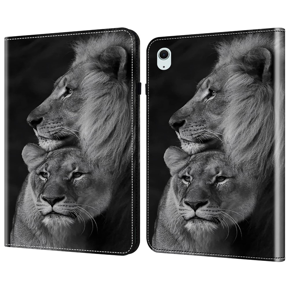 For iPad (2025) / 10.9 (2022) Leather Case Pretty Folio Stand Protective Tablet Cover - Couple Lions
