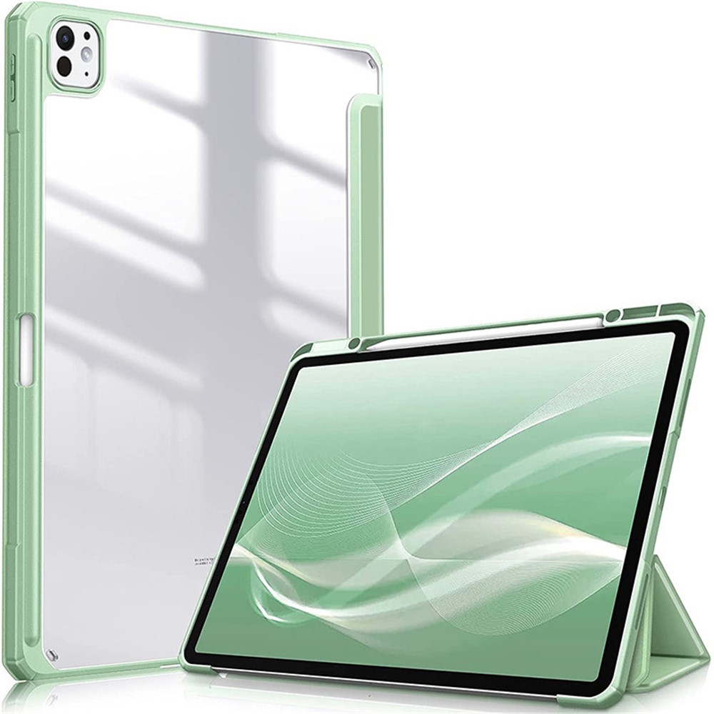 Bulk Purchasing For iPad Pro 13 (2025) / 13 (2024) Case with Pencil Holder Leather Tablet Cover Transparent Back - Matcha Green