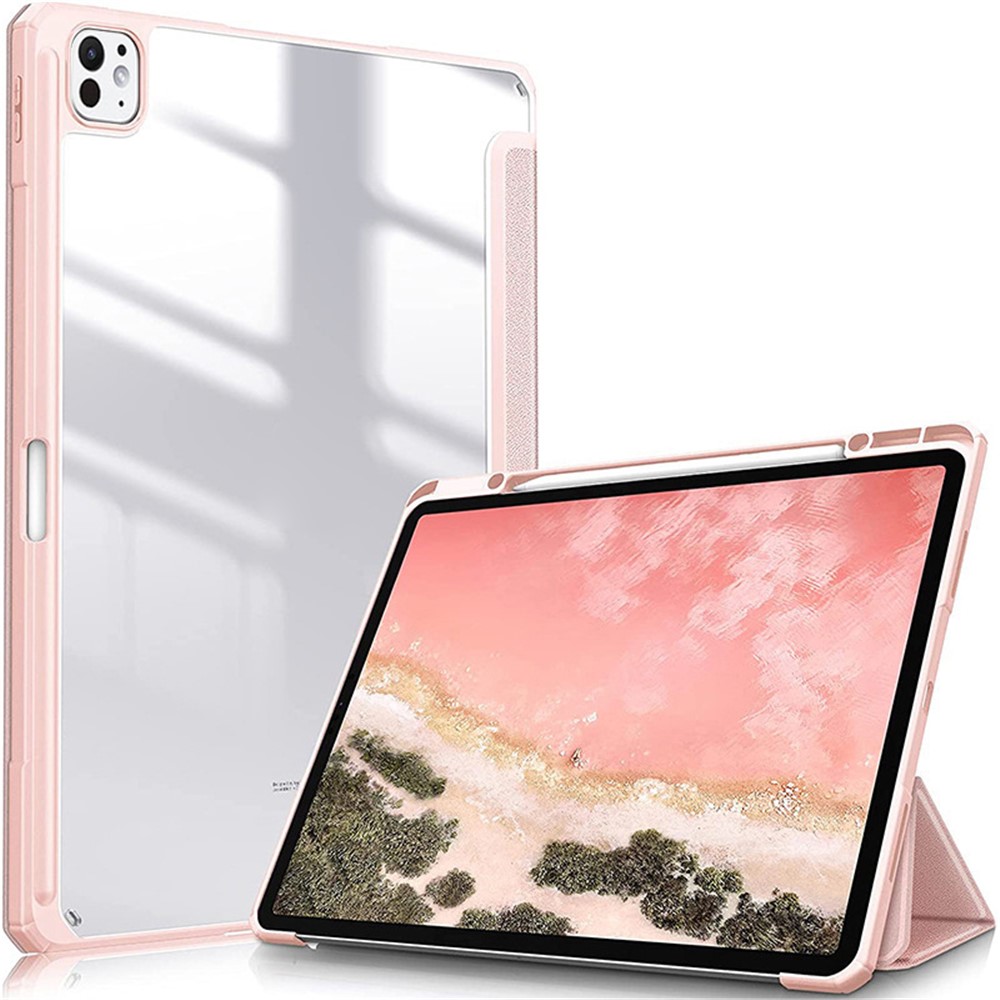 Bulk Purchasing For iPad Pro 13 (2025) / 13 (2024) Case with Pencil Holder Leather Tablet Cover Transparent Back - Pink