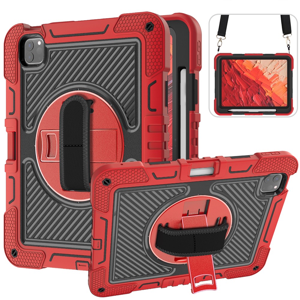 For iPad Pro 11 (2025) / 11 (2024) Case Kickstand Silicone + PC Tablet Cover with Hand / Shoulder Strap - Red+Black