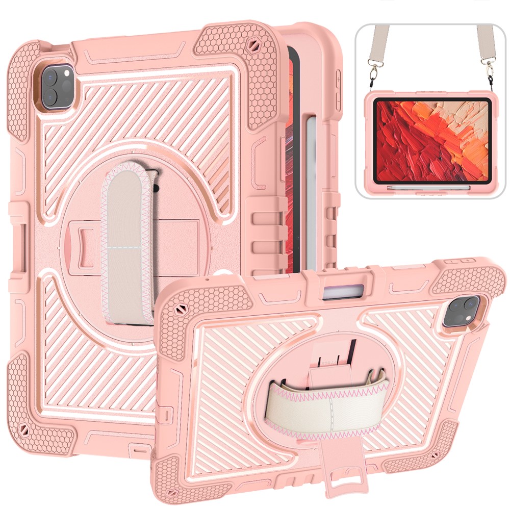 For iPad Pro 11 (2025) / 11 (2024) Case Kickstand Silicone + PC Tablet Cover with Hand / Shoulder Strap - Rose Gold