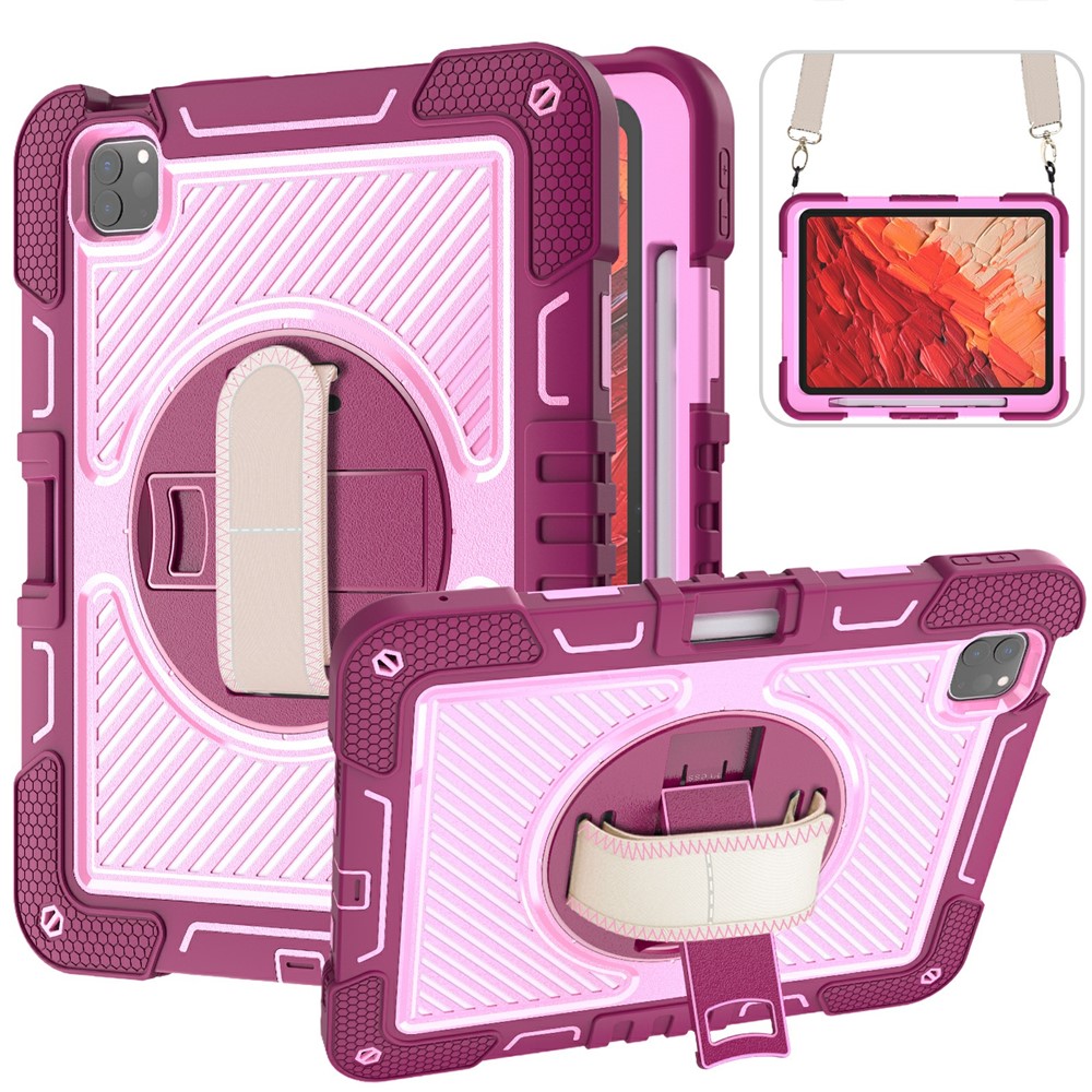 For iPad Pro 11 (2025) / 11 (2024) Case Kickstand Silicone + PC Tablet Cover with Hand / Shoulder Strap - Rose+Pink