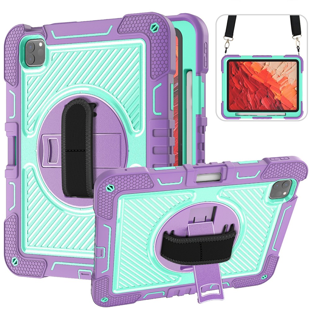 For iPad Pro 11 (2025) / 11 (2024) Case Kickstand Silicone + PC Tablet Cover with Hand / Shoulder Strap - Purple+Cyan Green