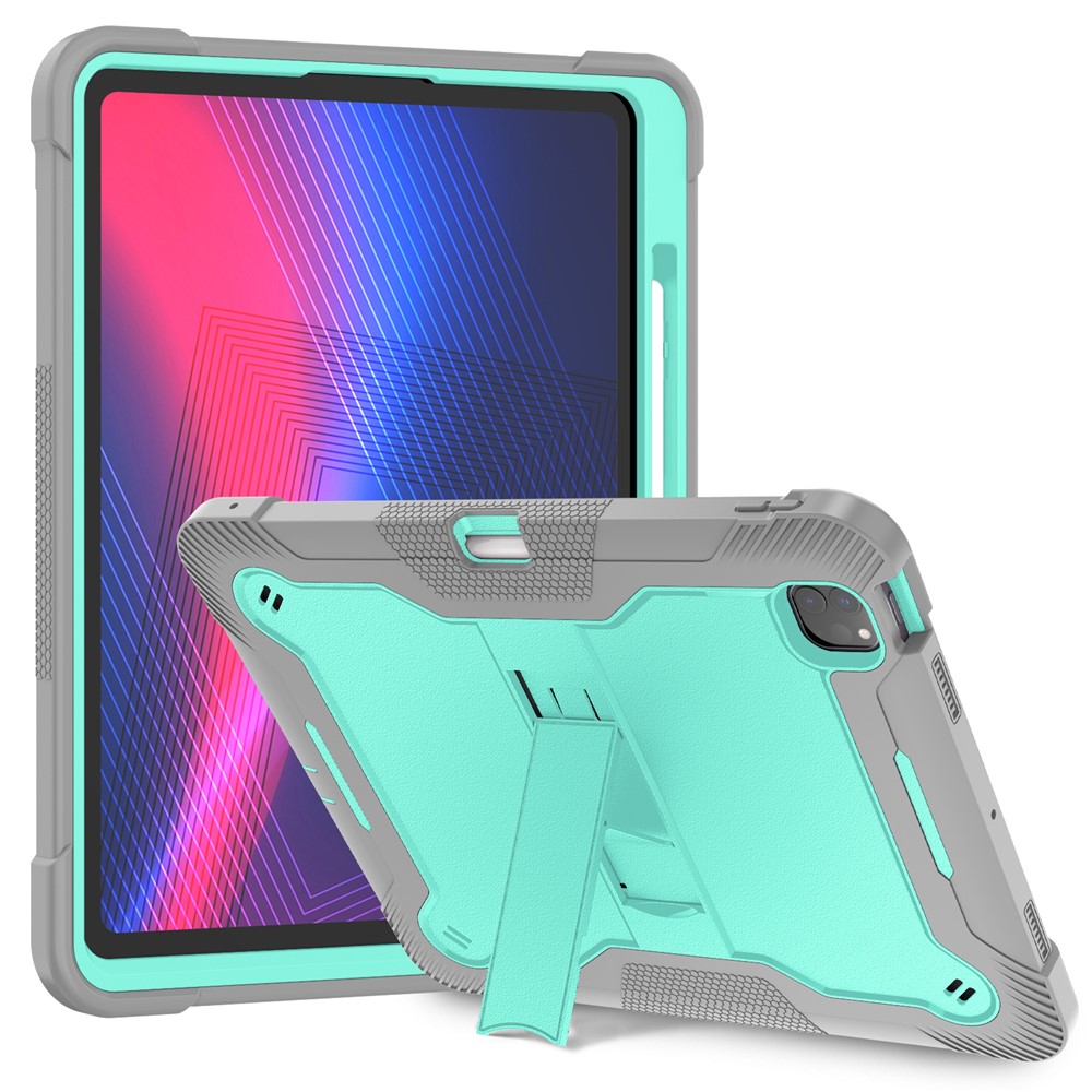 For iPad Pro 13 (2025) / 13 (2024) Case Silicone + PC Tablet Cover with Pen Holder - Grey+Mint Green