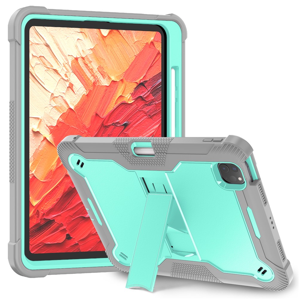 For iPad Pro 11 (2025) / 11 (2024) Case Hard PC and Soft Silicone Tablet Cover with Bracket Kickstand - Grey+Mint Green